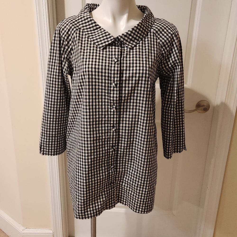 Diane Bailey cotton button down tunic with pockets black white checkers design,